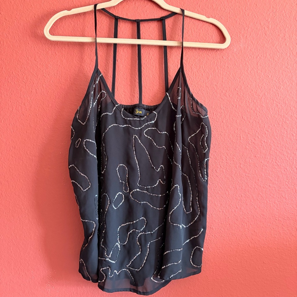 Jem Black Chiffon Beaded Cami Tank Top – Unique Strappy Back – Size M/L